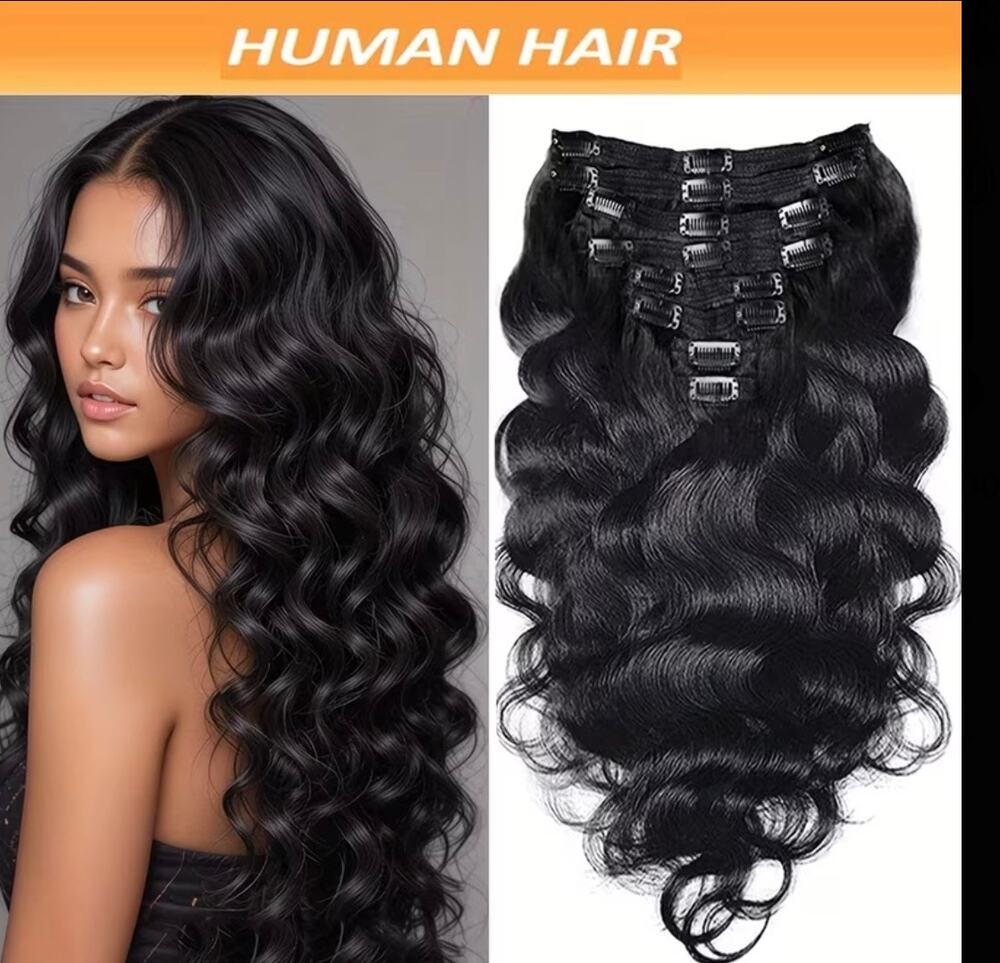 Approx 16” human hair extensions- wavy black - 8 pieces